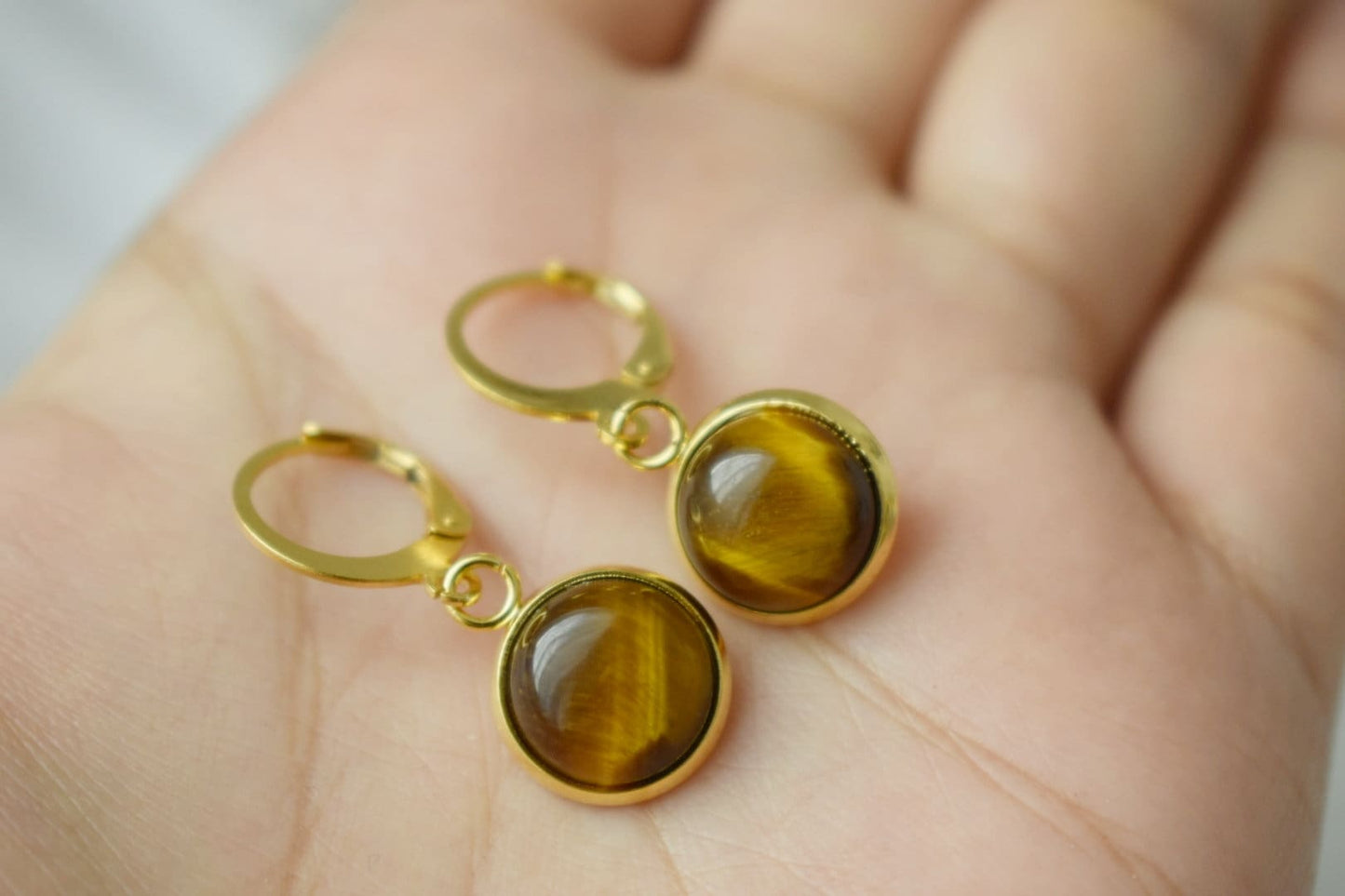 Tiger eye dangle earrings golden, Huggie gemstone hoops, Brown natural stone, Tiger's eye, Round, Lever back, 10mm, Jewelry gift for her