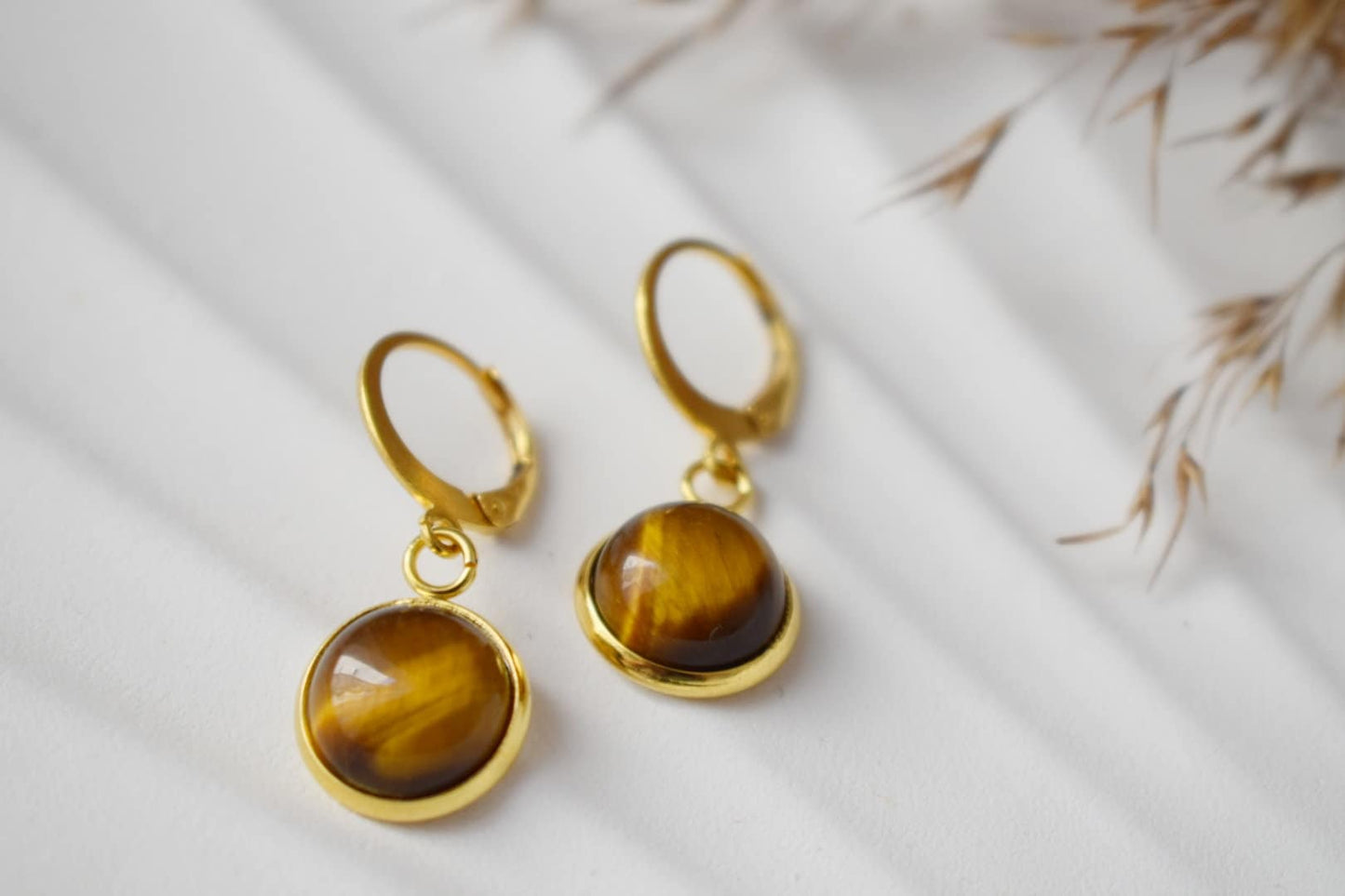 Tiger eye dangle earrings golden, Huggie gemstone hoops, Brown natural stone, Tiger's eye, Round, Lever back, 10mm, Jewelry gift for her