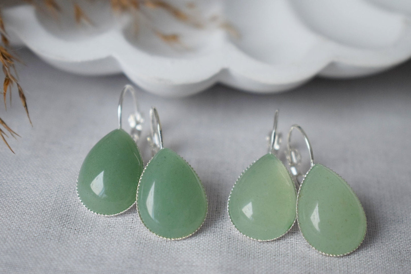 Green Aventurine Teardrop Dangle Earrings: Lever Back Gemstone Jewelry