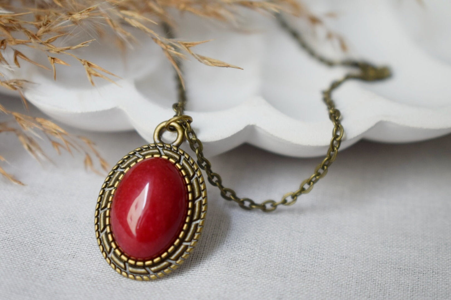 Red Jade Necklace: Vintage Oval Stone Pendant, Boho Jewelry