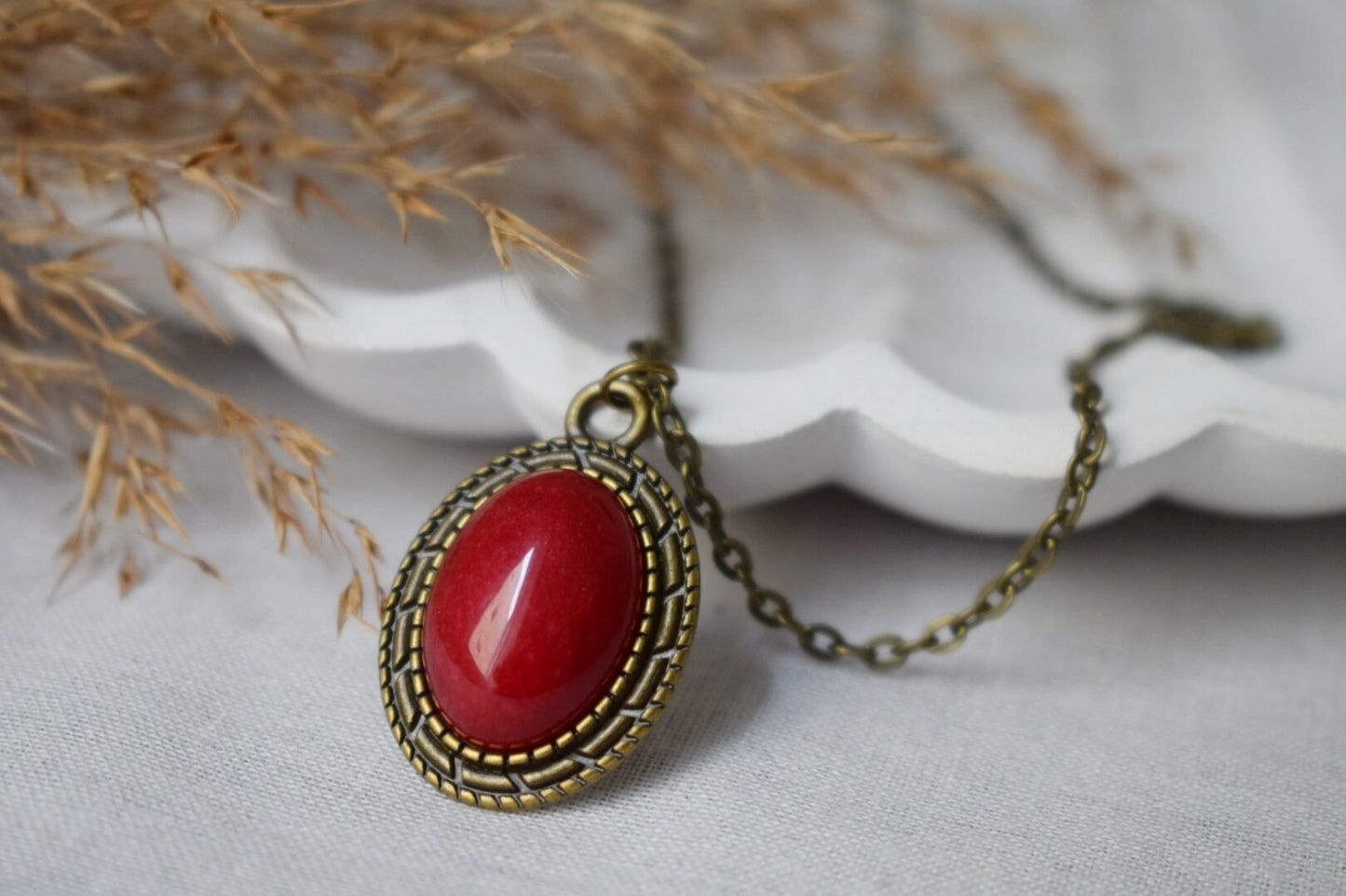 Red Jade Necklace: Vintage Oval Stone Pendant, Boho Jewelry