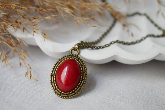 Red Jade Necklace: Vintage Oval Stone Pendant, Boho Jewelry