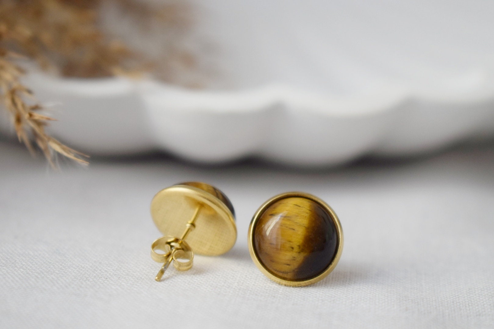 Golden Tiger Eye Stud Earrings, 18k Gold Plated Gemstone Jewelry