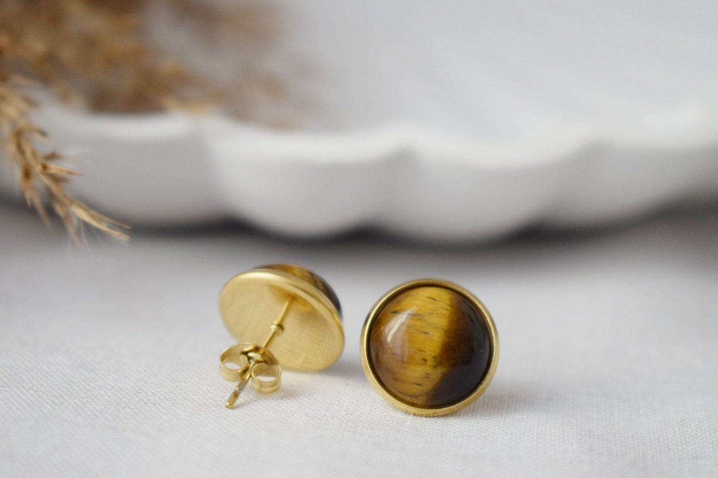Tigerauge Ohrstecker Gold, Edelstein 10mm Runde Ohrstecker, Brauner Stein, Tigerauge, Chakra Schmuck, Push-back, Tigerauge Ohrringe