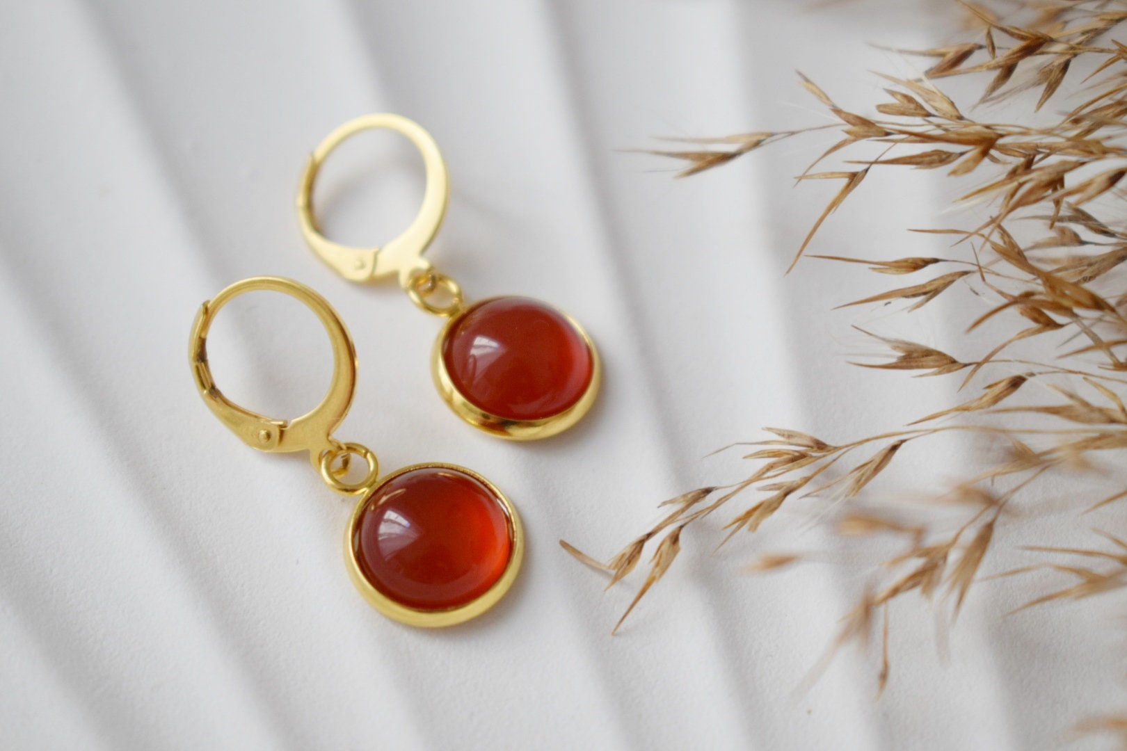 Red Agate Dangle Earrings, 24k Gold Plated Huggie Hoops