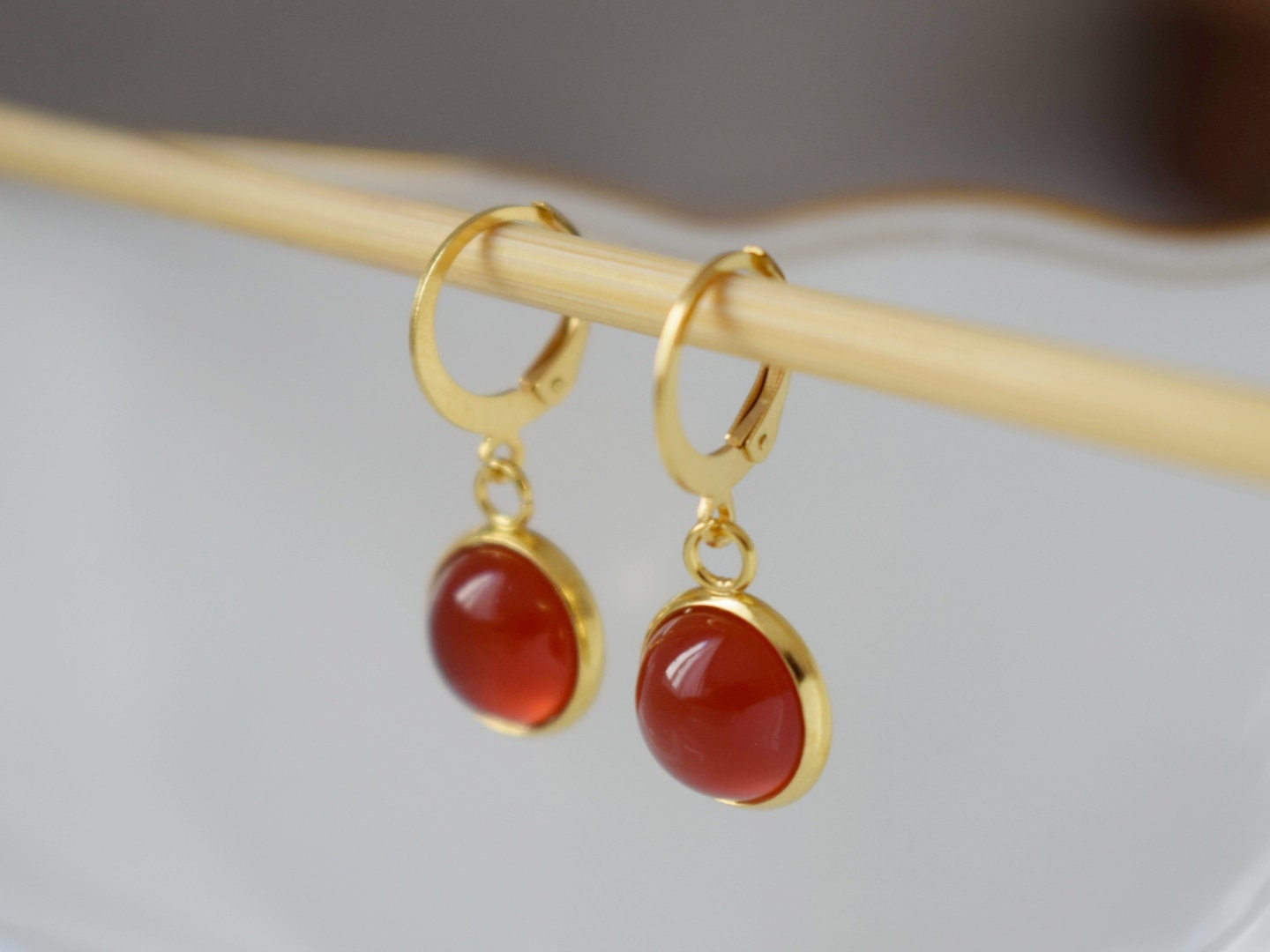 Red Agate Dangle Earrings, 24k Gold Plated Huggie Hoops