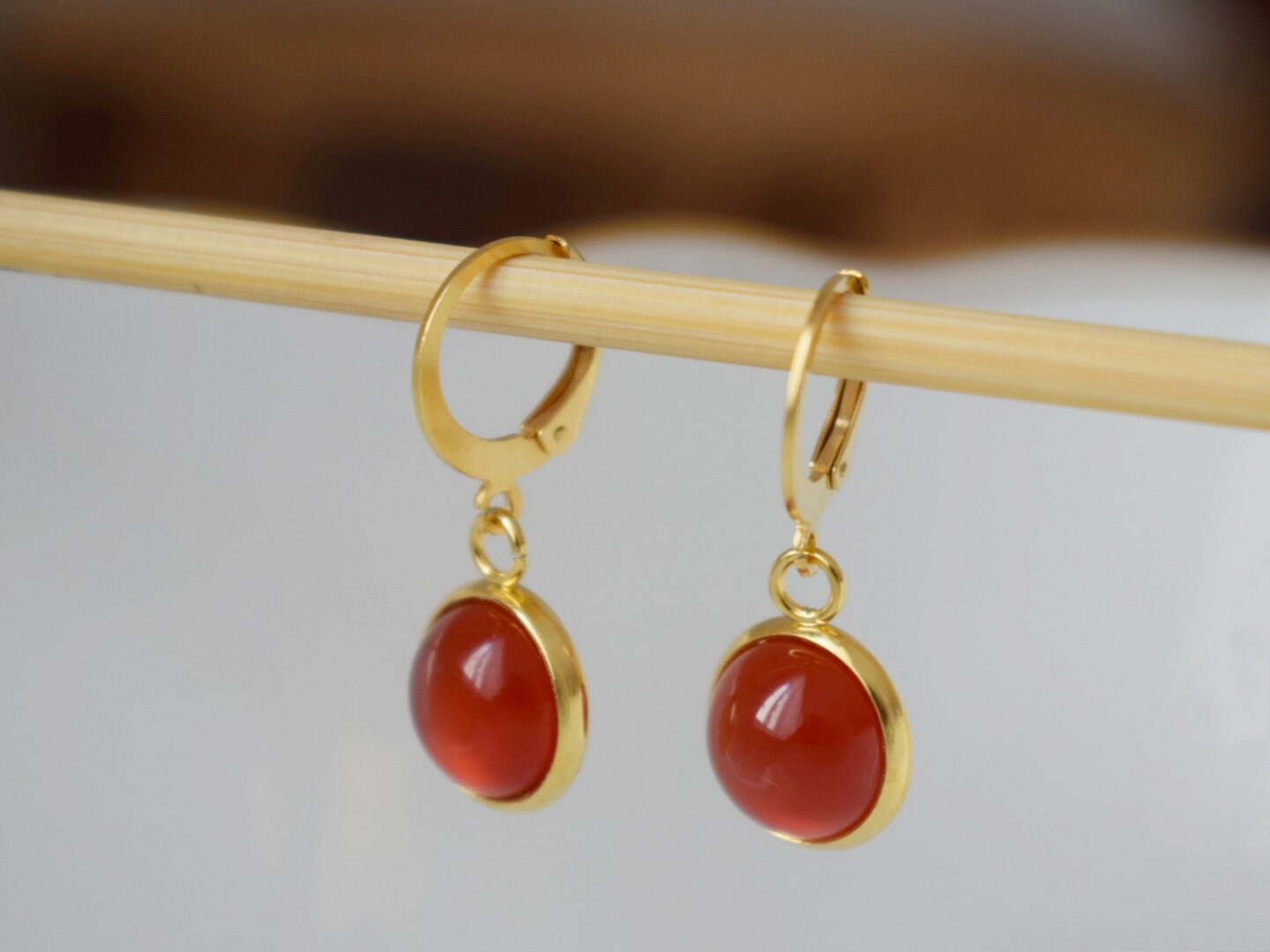 Red Agate Dangle Earrings, 24k Gold Plated Huggie Hoops