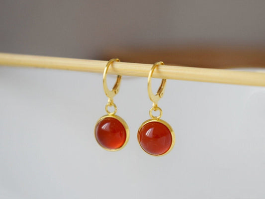 Red Agate Dangle Earrings, 24k Gold Plated Huggie Hoops