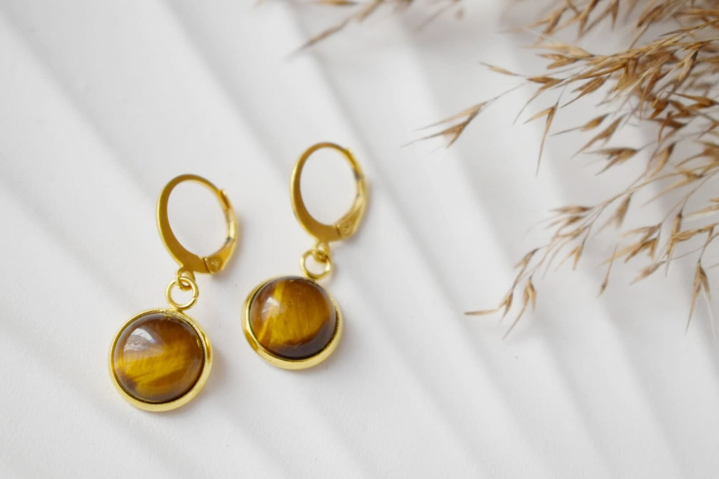 Tiger eye dangle earrings golden, Huggie gemstone hoops, Brown natural stone, Tiger's eye, Round, Lever back, 10mm, Jewelry gift for her
