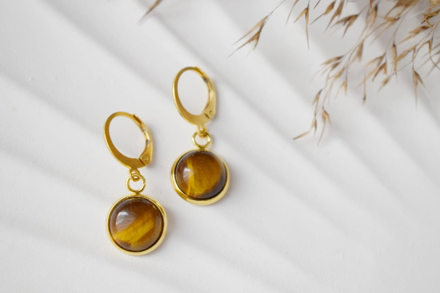 Tiger eye dangle earrings golden, Huggie gemstone hoops, Brown natural stone, Tiger's eye, Round, Lever back, 10mm, Jewelry gift for her