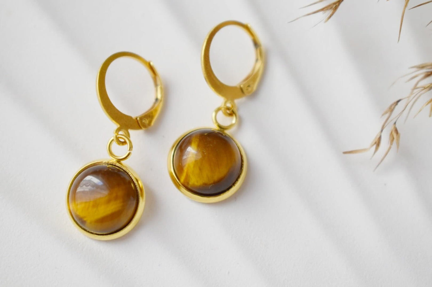 Tiger eye dangle earrings golden, Huggie gemstone hoops, Brown natural stone, Tiger's eye, Round, Lever back, 10mm, Jewelry gift for her