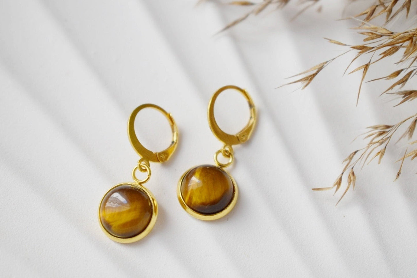 Tiger eye dangle earrings golden, Huggie gemstone hoops, Brown natural stone, Tiger's eye, Round, Lever back, 10mm, Jewelry gift for her