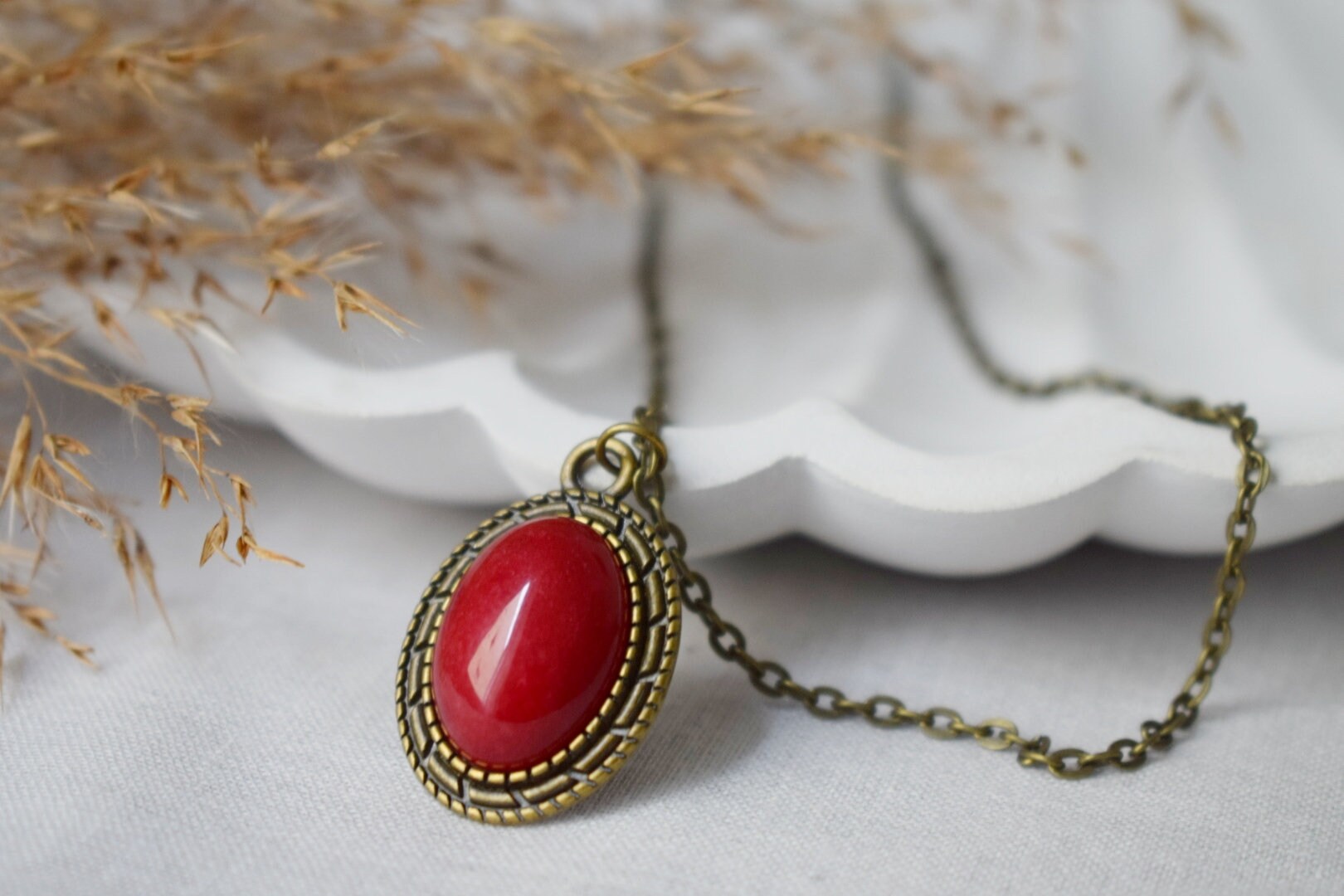 Red Jade Necklace: Vintage Oval Stone Pendant, Boho Jewelry