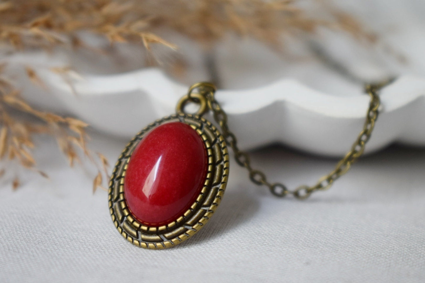 Red Jade Necklace: Vintage Oval Stone Pendant, Boho Jewelry