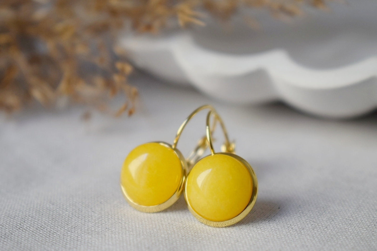 Yellow Jade Drop Earrings: 18k Gold Plated Lever Back Earrings