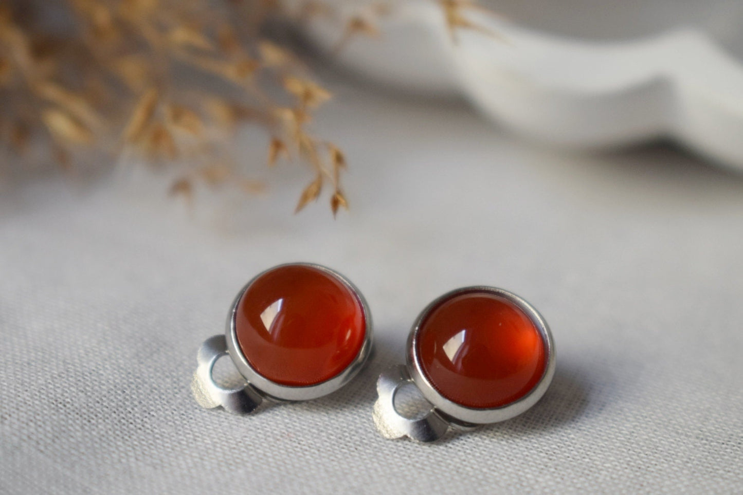 Red Agate Clip On Earrings: Stainless Steel Non Pierced Jewelry