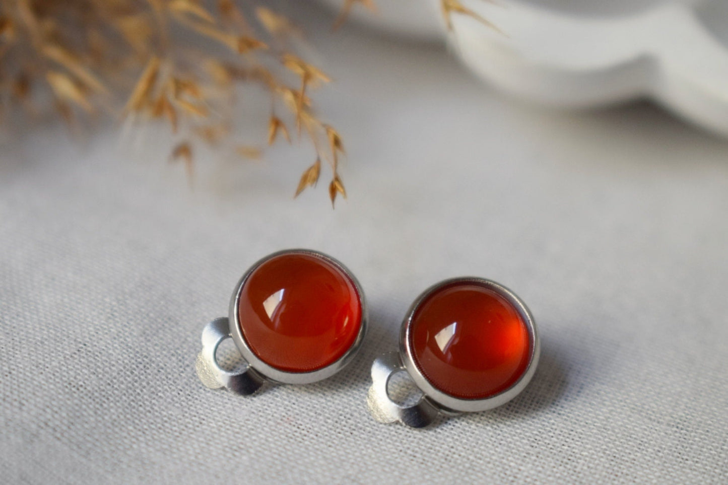 Red Agate Clip On Earrings: Stainless Steel Non Pierced Jewelry
