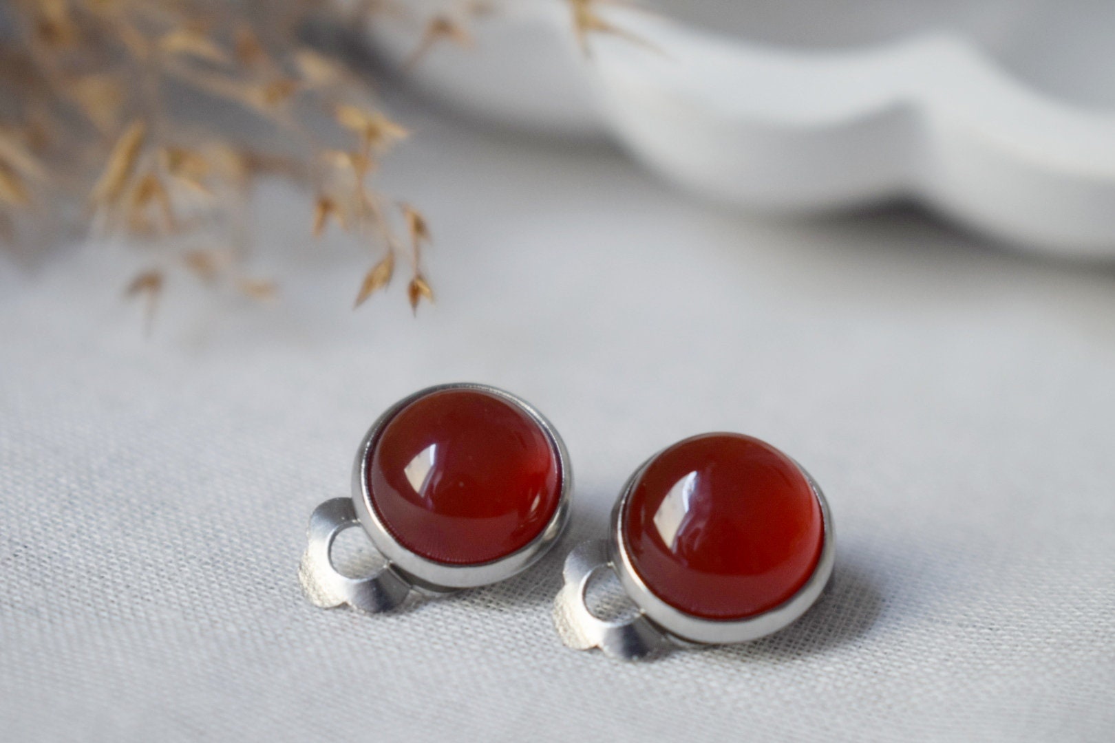 Red Agate Clip On Earrings: Stainless Steel Non Pierced Jewelry