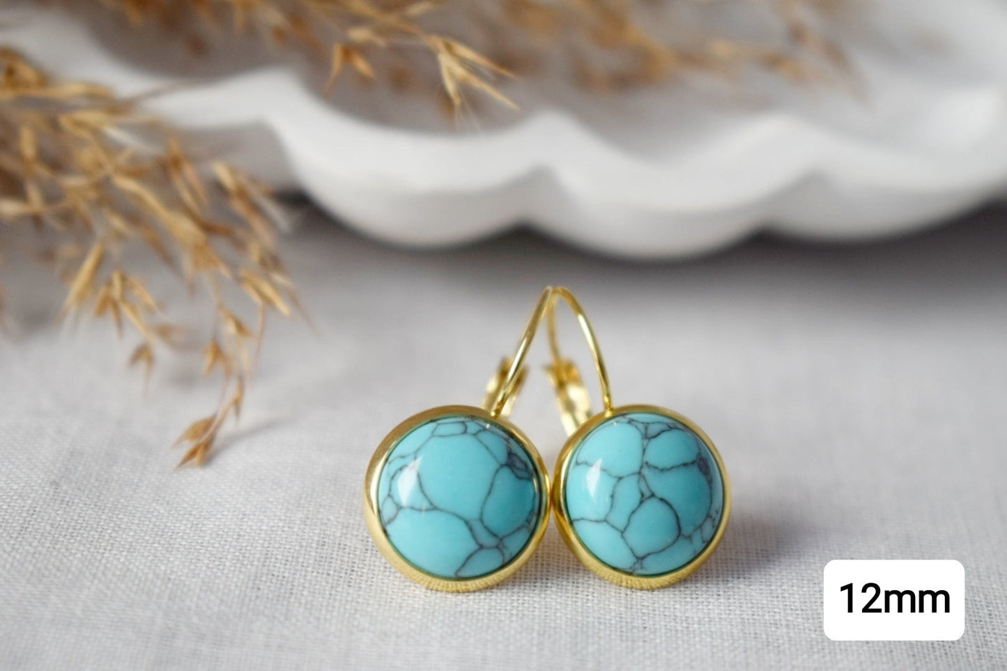 Türkise Ohrringe, 18 Karat vergoldete Edelstahlohrringe, runder Edelstein, leicht, handgefertigter Boho-Schmuck, Geschenk für Sie
