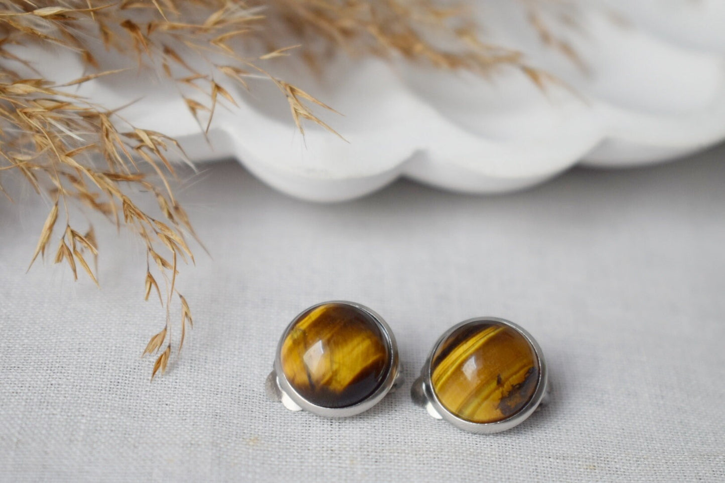 Small tiger eye clip on earrings, Gemstone Natural Stone No hole Jewellery