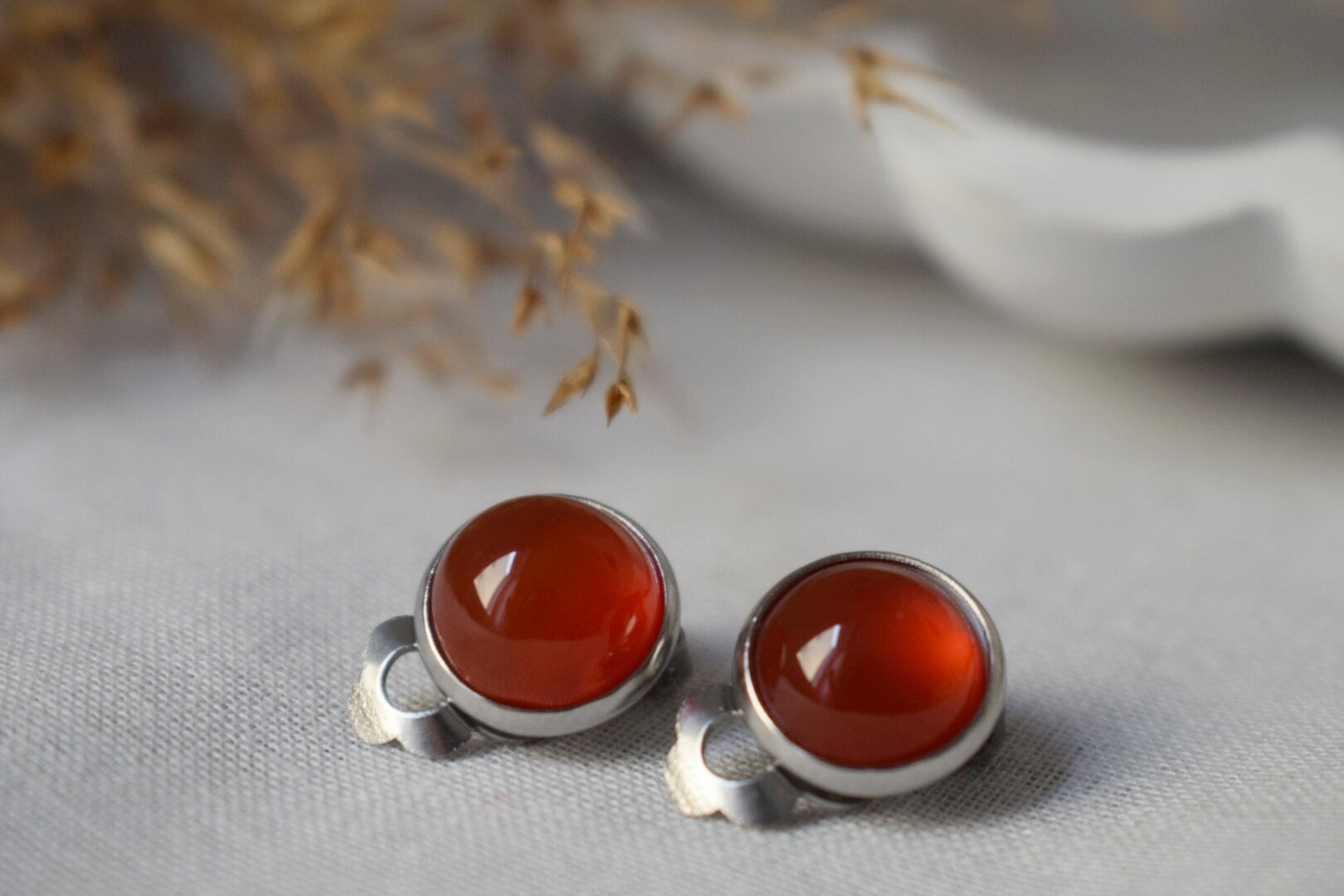 Red Agate Clip On Earrings: Stainless Steel Non Pierced Jewelry
