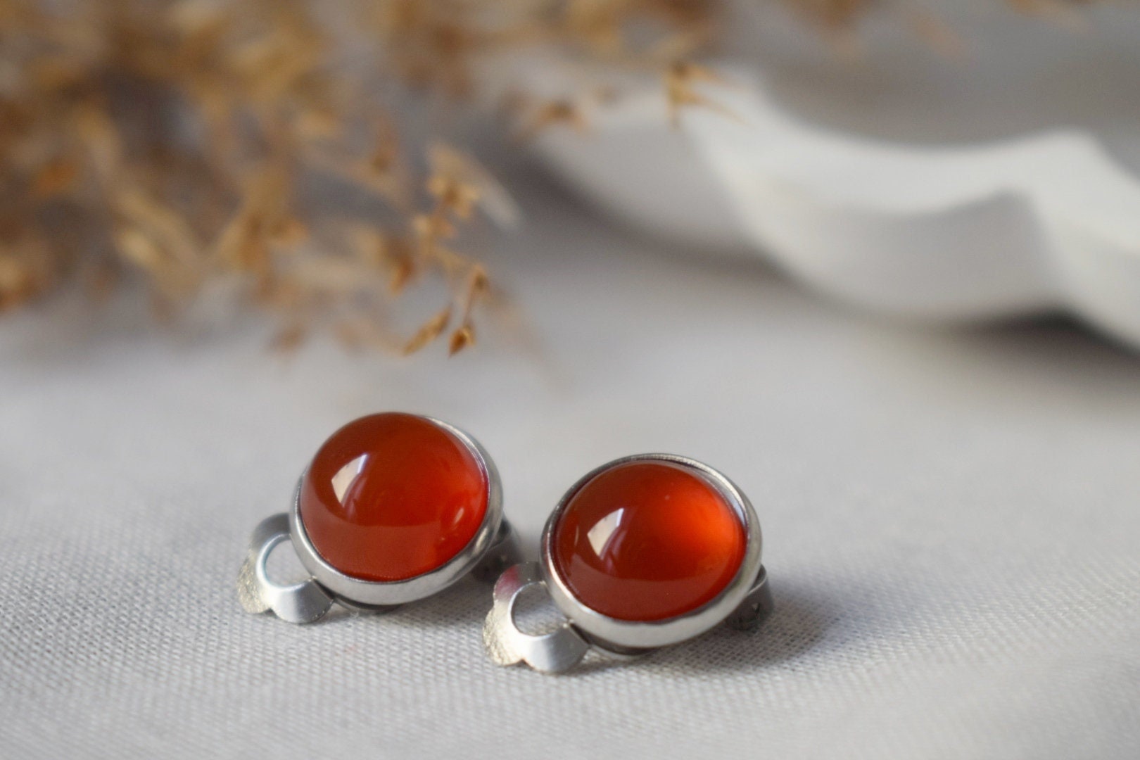 Red Agate Clip On Earrings: Stainless Steel Non Pierced Jewelry