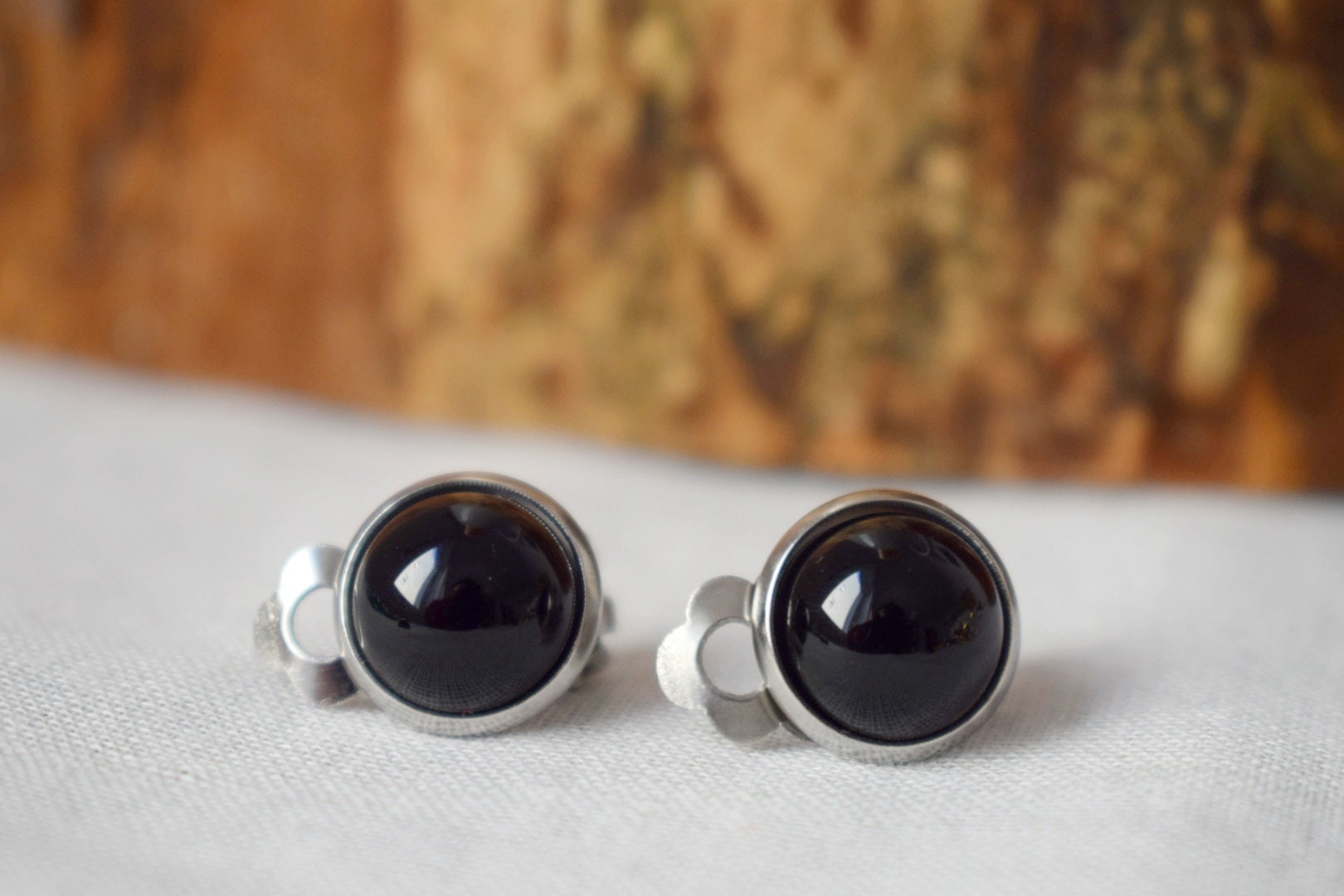 Black Agate Clip On Earrings: Surgical Steel Non Pierced Gemstone Ear Clips