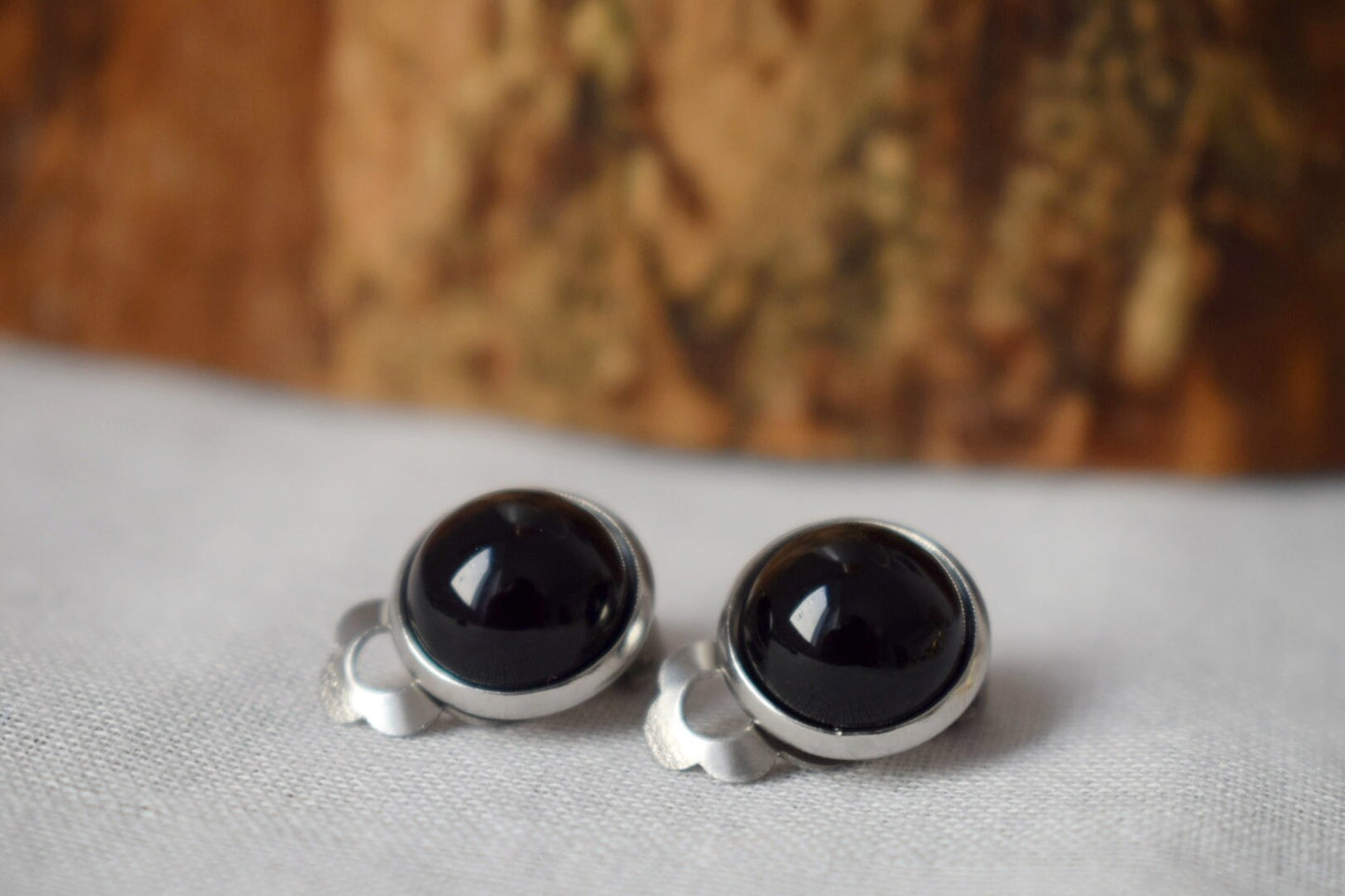 Black Agate Clip On Earrings: Surgical Steel Non Pierced Gemstone Ear Clips