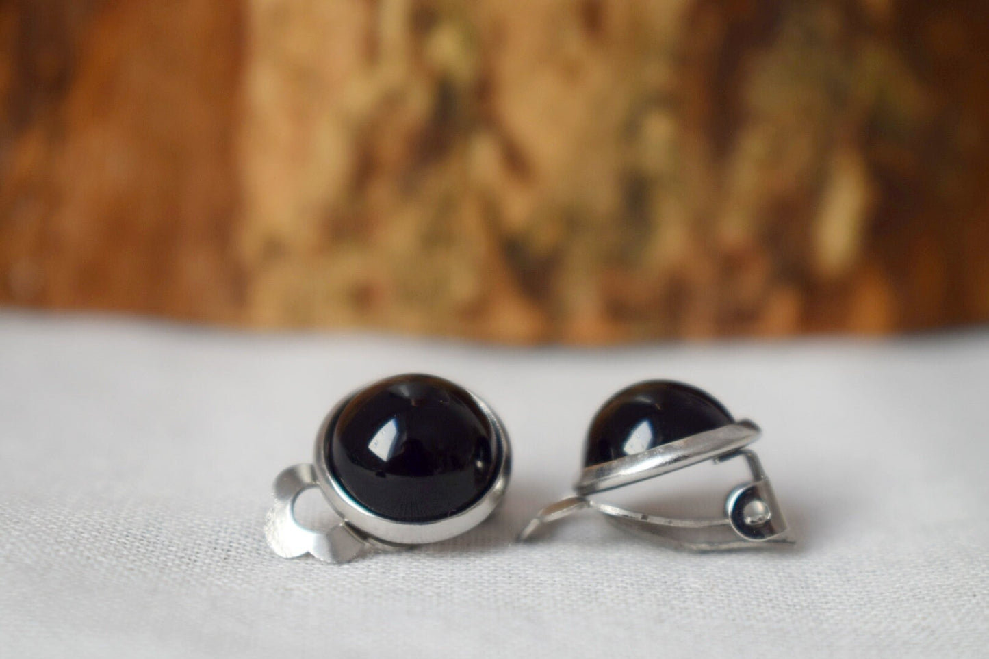Black Agate Clip On Earrings: Surgical Steel Non Pierced Gemstone Ear Clips
