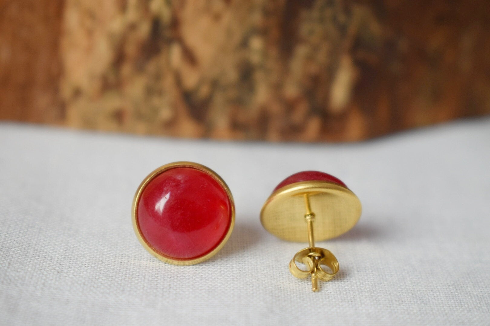 Red Jade Stud Earrings, 18k Gold Plated Gemstone Jewelry