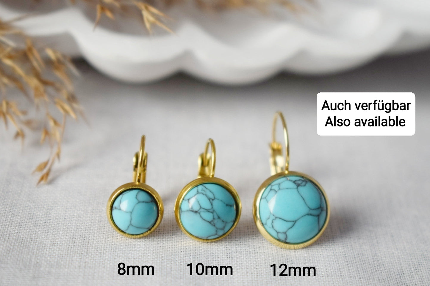 Türkise Ohrringe, 18 Karat vergoldete Edelstahlohrringe, runder Edelstein, leicht, handgefertigter Boho-Schmuck, Geschenk für Sie