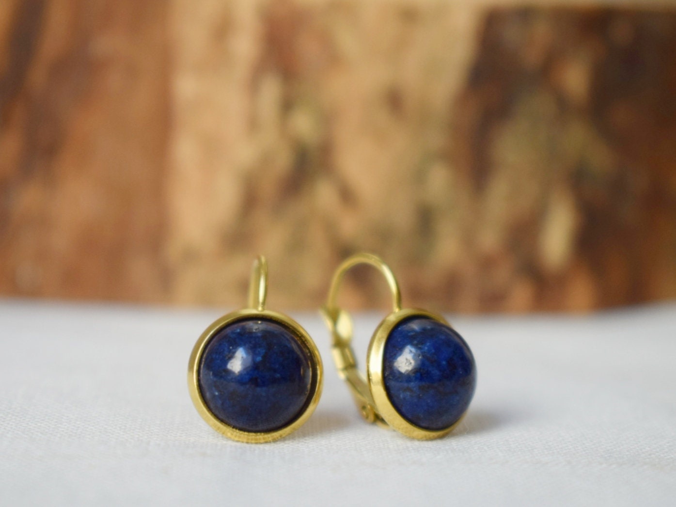 Lapislazuli-Goldohrringe, Blaue Lapisohrringe, Lever-Back-Ohrringe, rund, 12 mm, September-Geburtsstein-Schmuck, Lapis, Geschenk für Sie