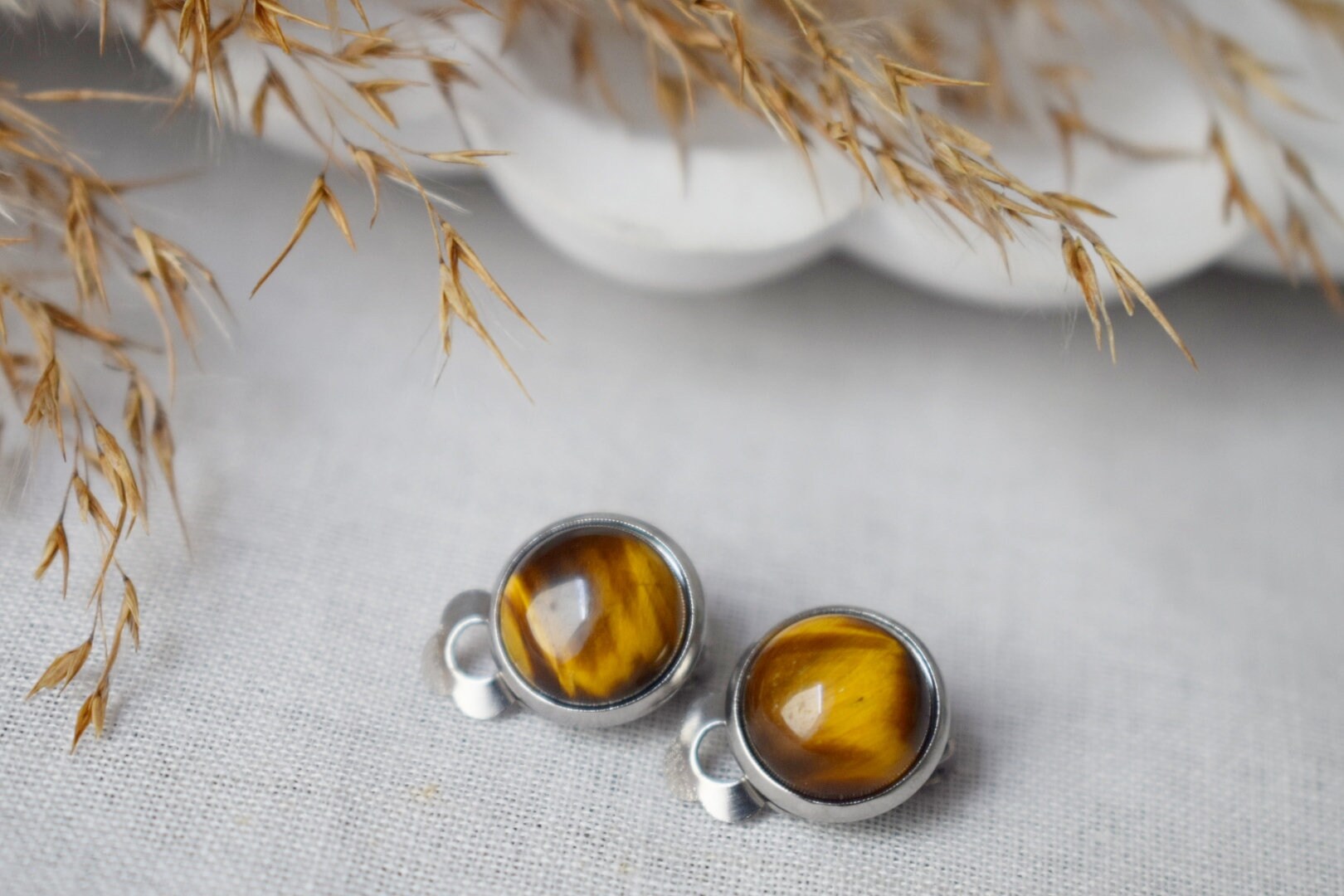 Small tiger eye clip on earrings, Gemstone Natural Stone No hole Jewellery