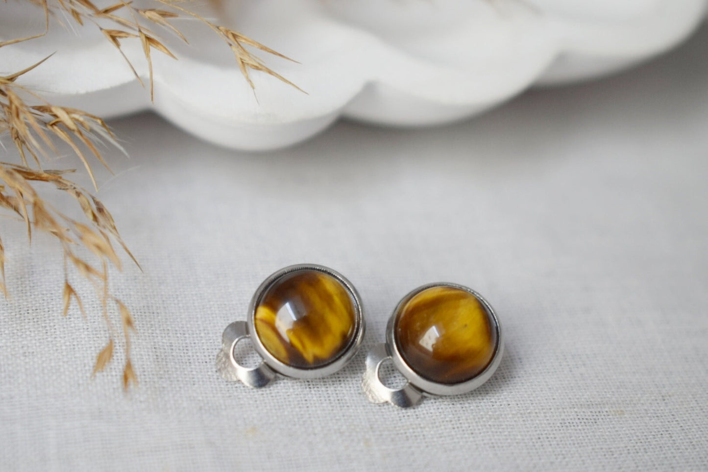 Small tiger eye clip on earrings, Gemstone Natural Stone No hole Jewellery