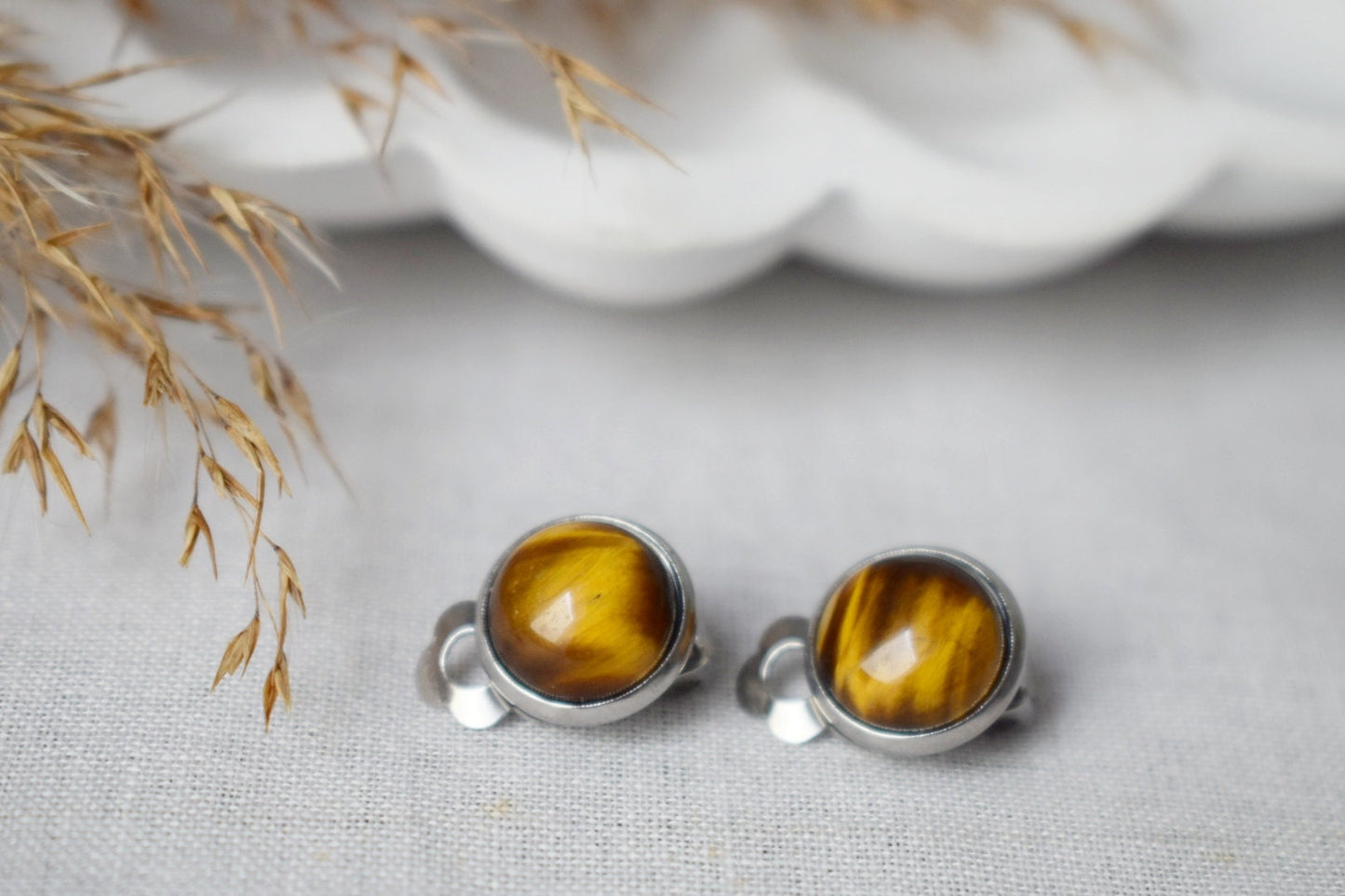 Small tiger eye clip on earrings, Gemstone Natural Stone No hole Jewellery