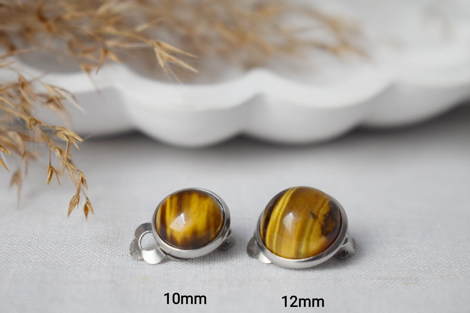 Small tiger eye clip on earrings, Gemstone Natural Stone No hole Jewellery