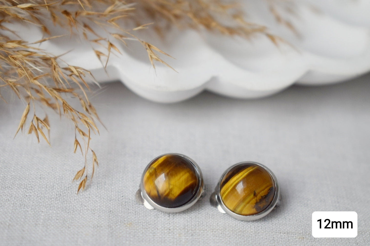 Small tiger eye clip on earrings, Gemstone Natural Stone No hole Jewellery