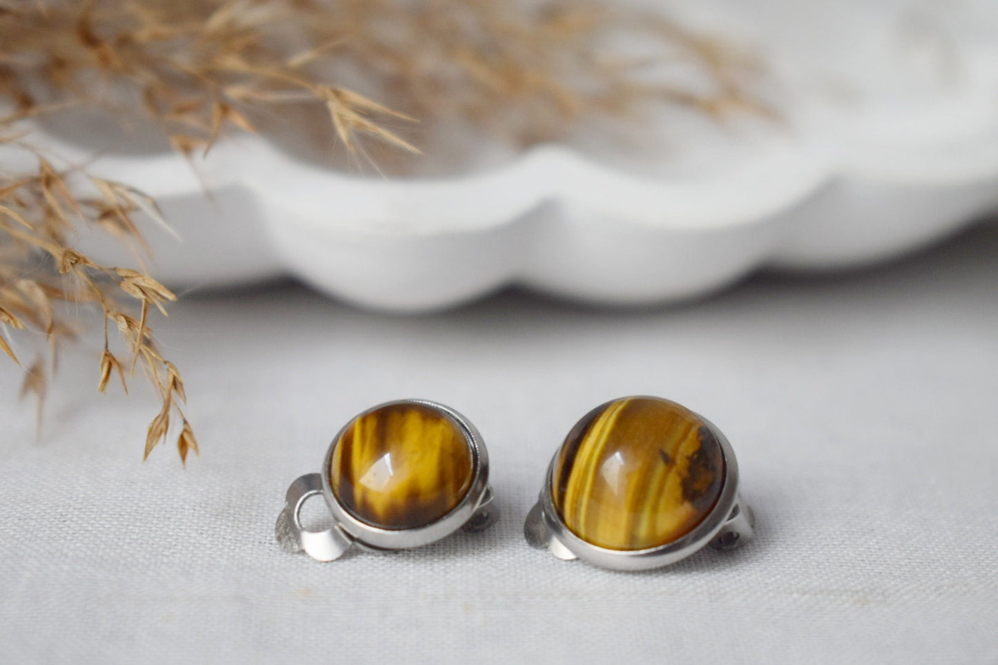 Small tiger eye clip on earrings, Gemstone Natural Stone No hole Jewellery