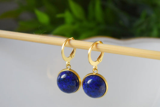 Lapis Lazuli Dangle Earrings: 24k Gold Plated Huggie Hoops, Minimalist Stone Jewelry, Gift for her