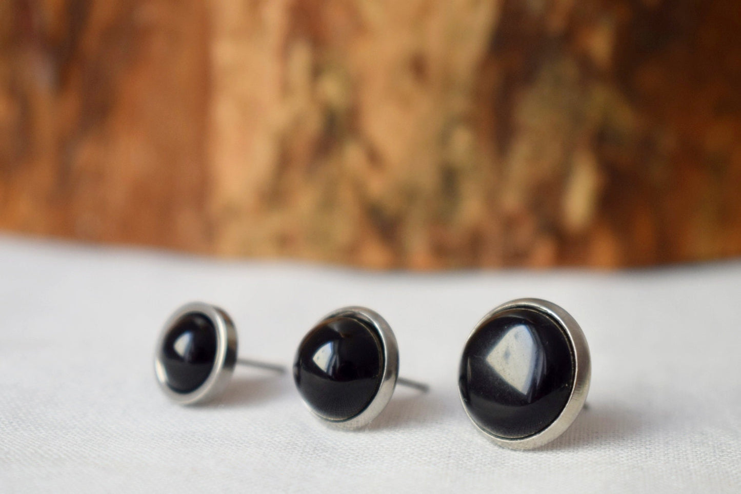 Black agate stud earrings, Gemstone Stainless steel Unisex Jewelry