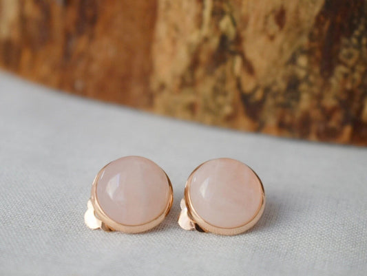 Rose Gold Clip On Earrings: Rose Quartz Gemstone, Stainless Steel Jewelry