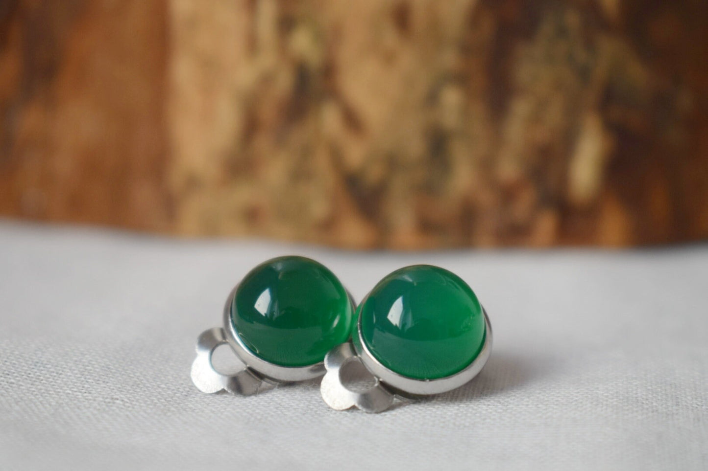 Green Agate Clip On Earrings: Stainless Steel Non Pierced Jewelry, No hole Ear Clips