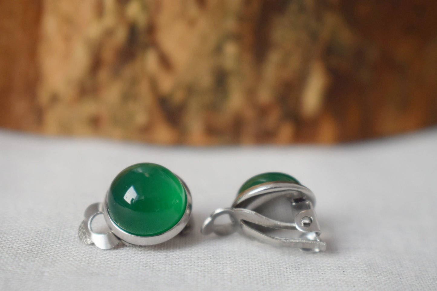 Green Agate Clip On Earrings: Stainless Steel Non Pierced Jewelry, No hole Ear Clips