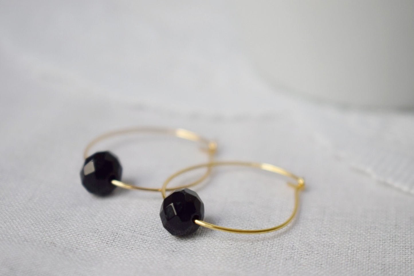 Black Jade Hoop Earrings: 18k Gold Plated Stainless Steel, Minimalist Jewelry