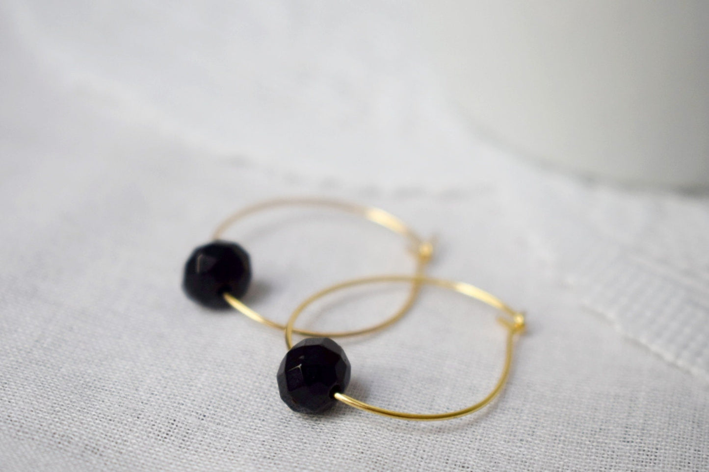Black Jade Hoop Earrings: 18k Gold Plated Stainless Steel, Minimalist Jewelry