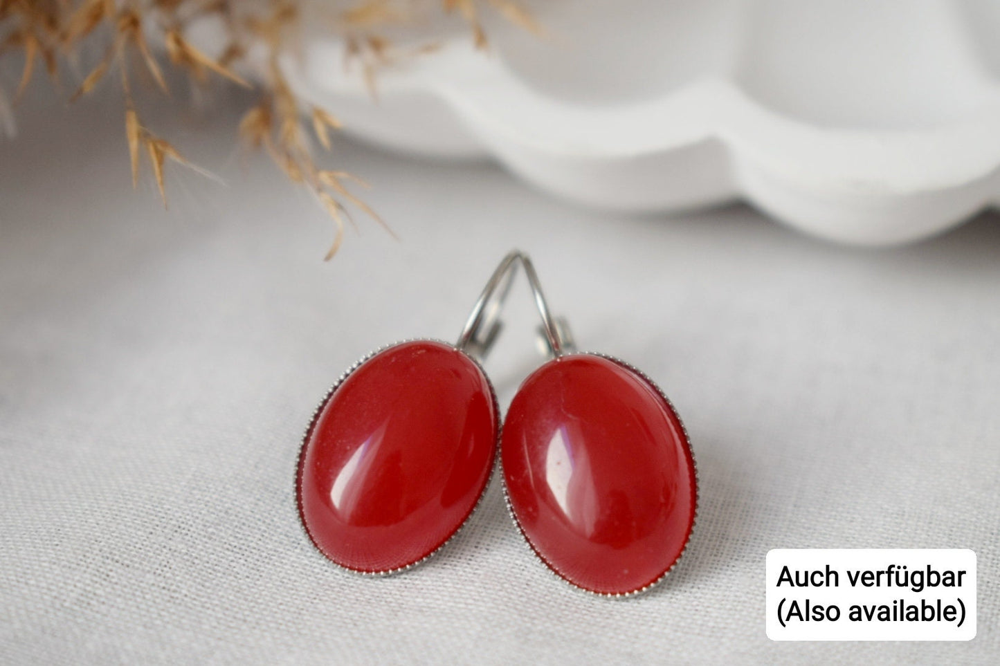 Rote Jade Ohrringe, Edelstein Ohrringe, Ovaler Anhänger, Roter Stein, Statement Hängeohrringe, Edelstahl, Schmuck Geschenk für sie