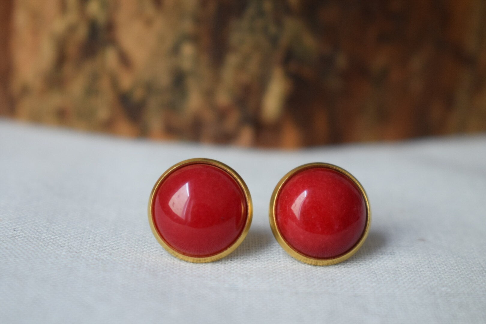 Red Jade Stud Earrings, 18k Gold Plated Gemstone Jewelry