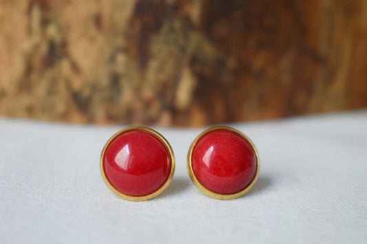 Red Jade Stud Earrings, Gemstone Jewelry