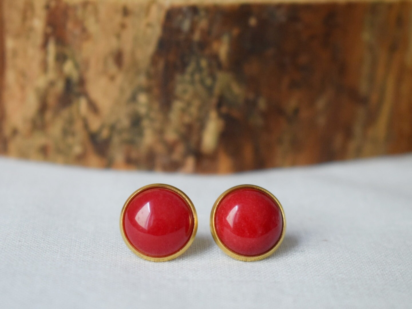 Red Jade Stud Earrings, 18k Gold Plated Gemstone Jewelry