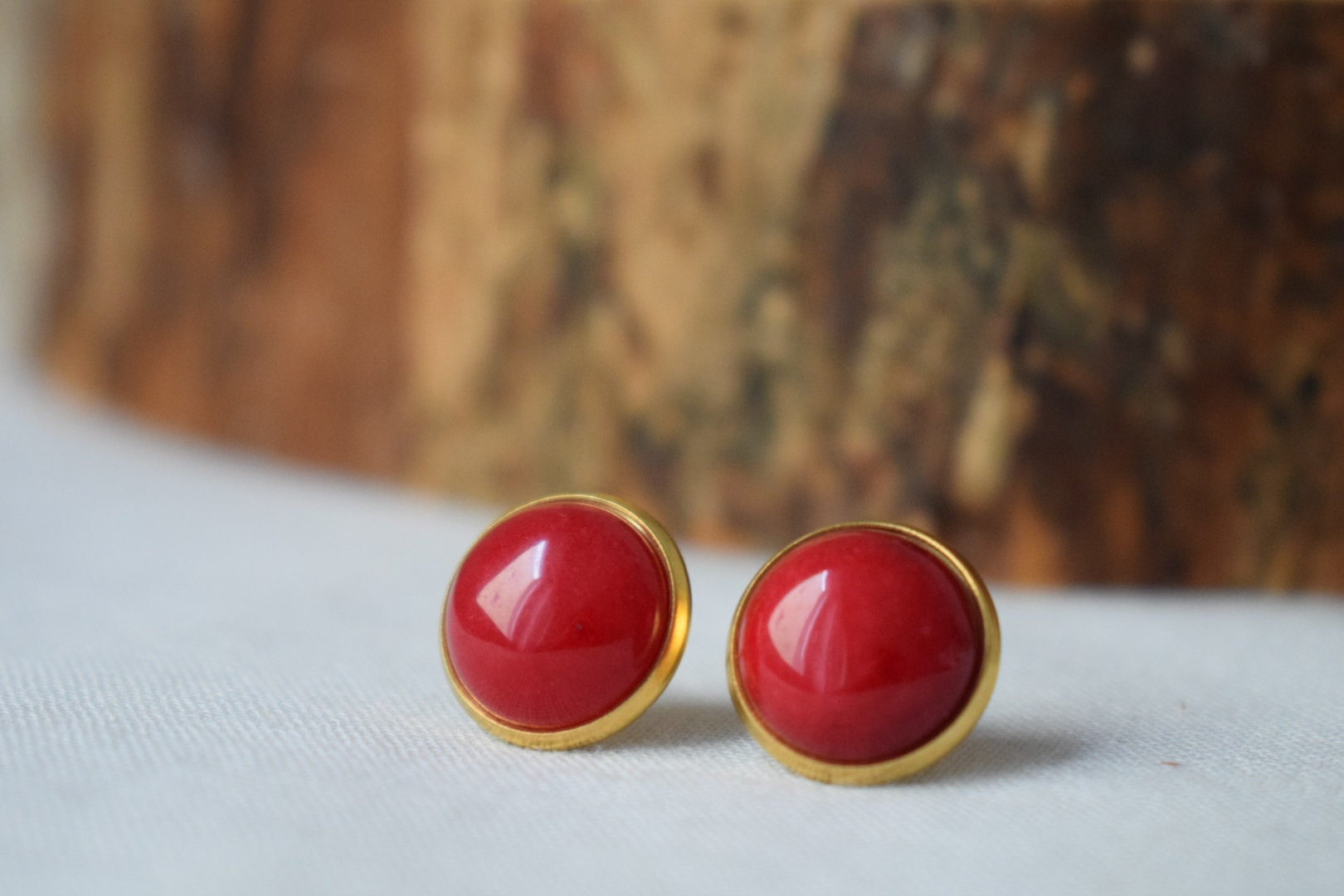 Red Jade Stud Earrings, 18k Gold Plated Gemstone Jewelry